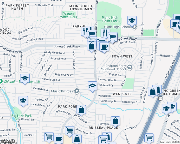 map of restaurants, bars, coffee shops, grocery stores, and more near 913 Middle Cove Drive in Plano