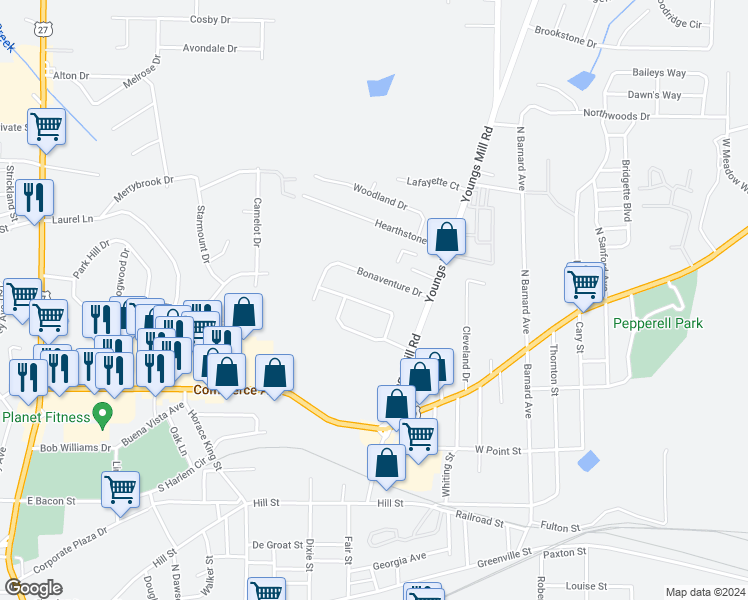 map of restaurants, bars, coffee shops, grocery stores, and more near 251 Rutland Circle in LaGrange