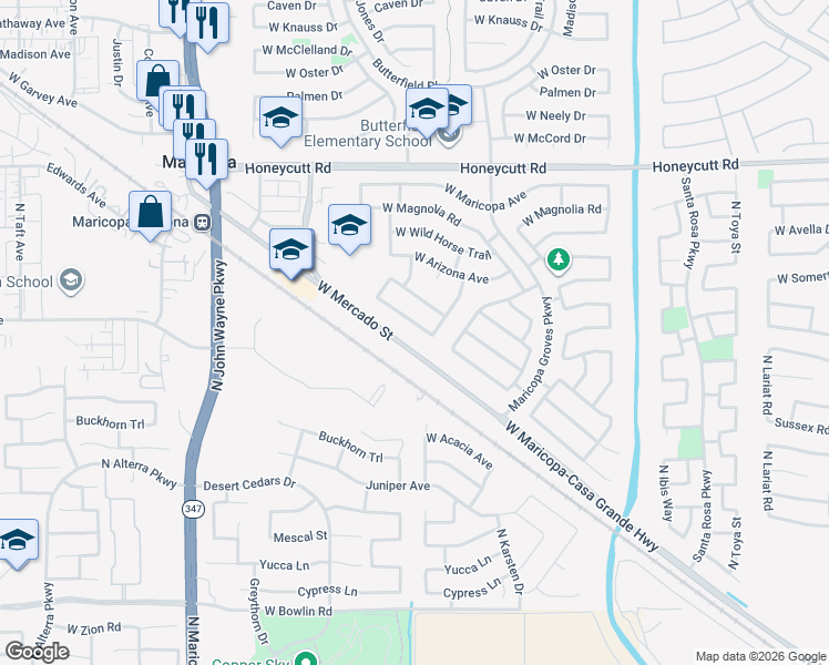 map of restaurants, bars, coffee shops, grocery stores, and more near 43881 West Cowpath Road in Maricopa
