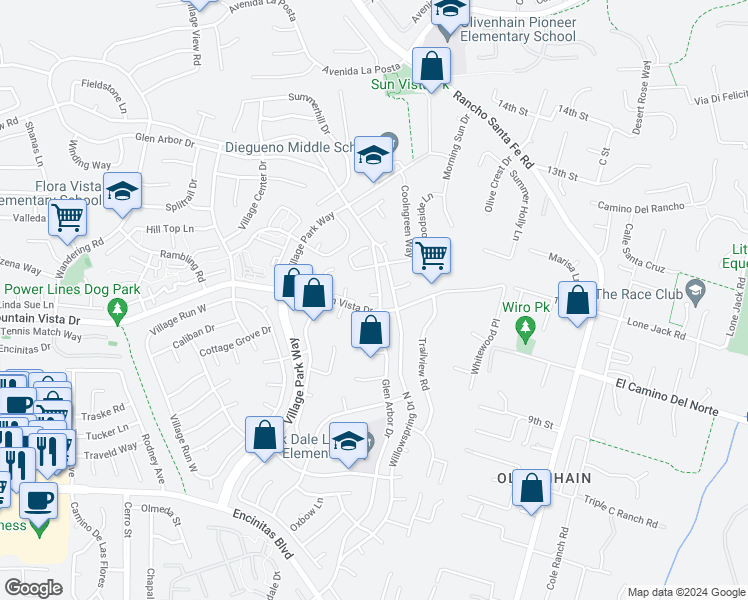 map of restaurants, bars, coffee shops, grocery stores, and more near 420 Glen Arbor Drive in Encinitas