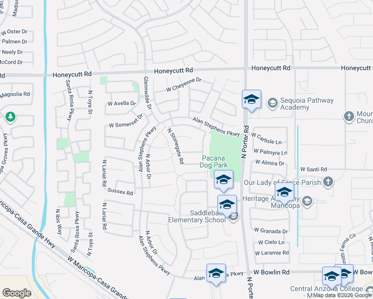 map of restaurants, bars, coffee shops, grocery stores, and more near 41968 West Almira Drive in Maricopa