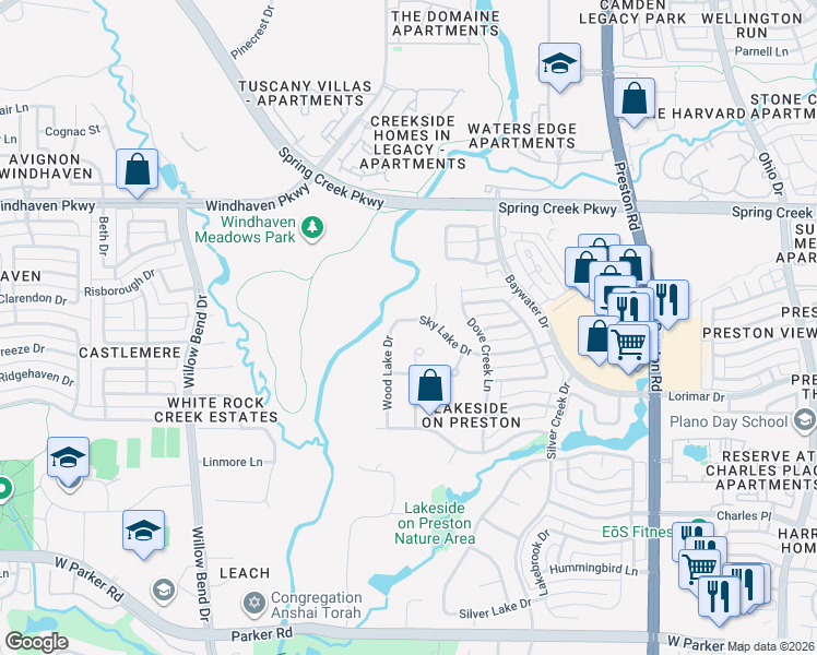 map of restaurants, bars, coffee shops, grocery stores, and more near 5232 Sky Lake Drive in Plano