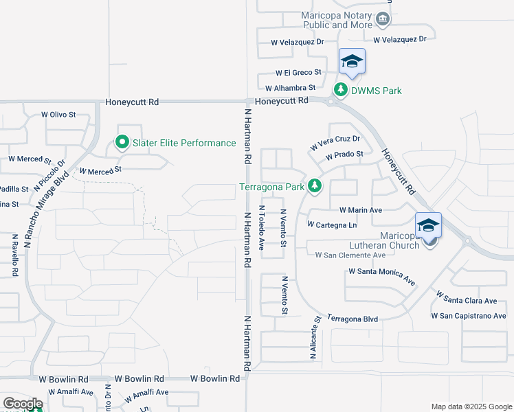 map of restaurants, bars, coffee shops, grocery stores, and more near 19042 North Toledo Avenue in Maricopa