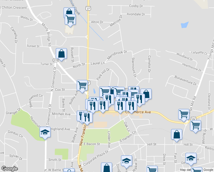 map of restaurants, bars, coffee shops, grocery stores, and more near 225 Hickory Terrace in LaGrange