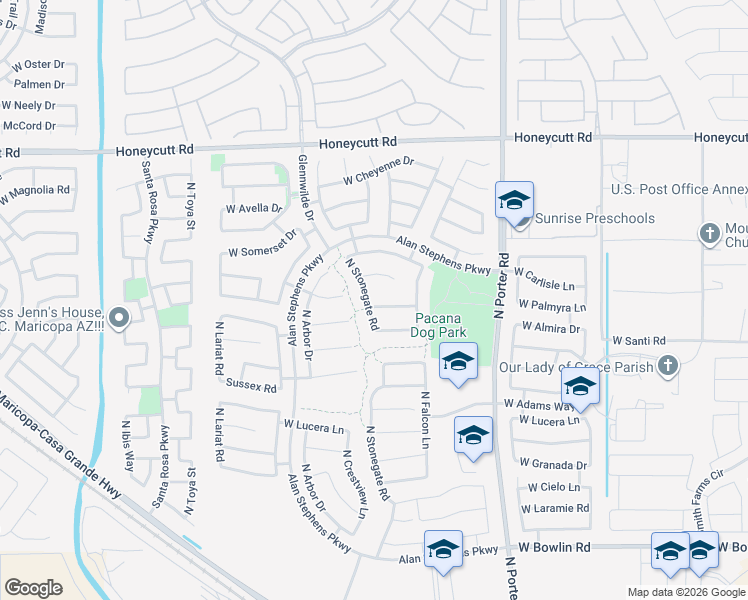 map of restaurants, bars, coffee shops, grocery stores, and more near 42010 West Almira Drive in Maricopa