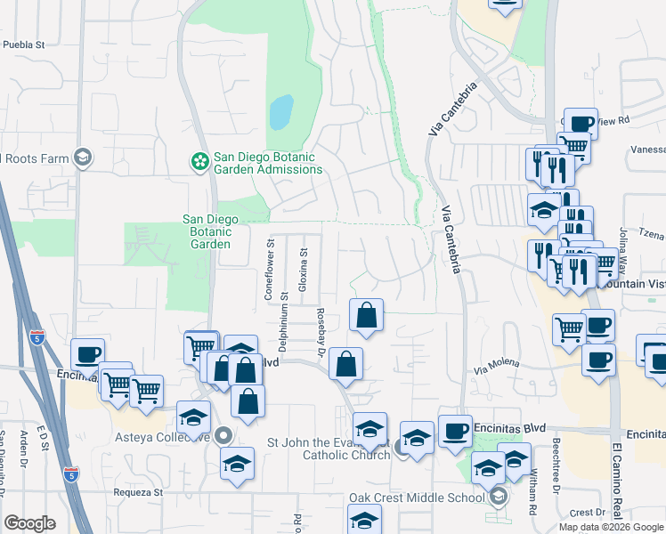 map of restaurants, bars, coffee shops, grocery stores, and more near 235 Fraxinella Street in Encinitas