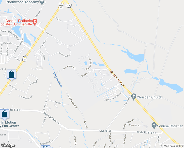 map of restaurants, bars, coffee shops, grocery stores, and more near 296 Village Stone Circle in Summerville