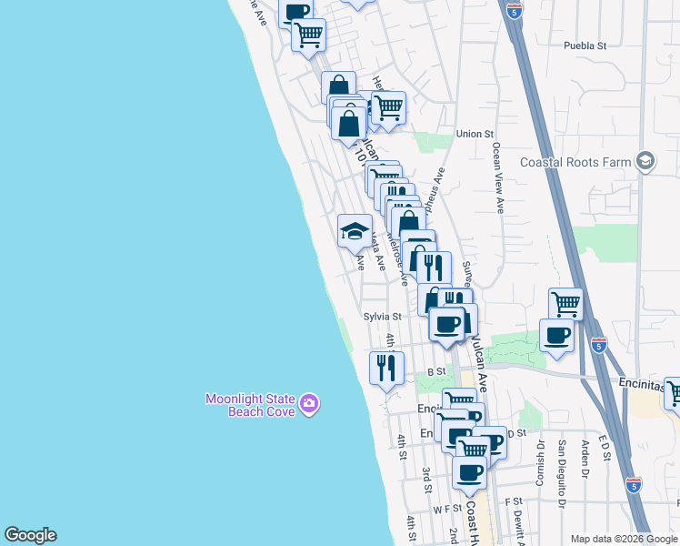 map of restaurants, bars, coffee shops, grocery stores, and more near 200 Neptune Avenue in Encinitas