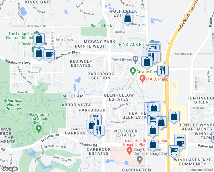 map of restaurants, bars, coffee shops, grocery stores, and more near 5225 Midway Road in Plano