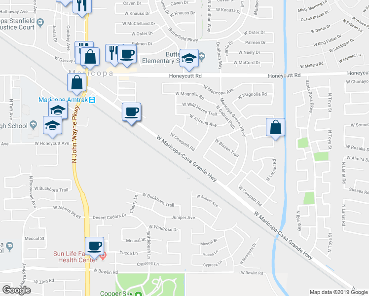 map of restaurants, bars, coffee shops, grocery stores, and more near 43881 West Cowpath Road in Maricopa