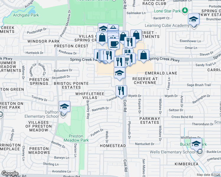 map of restaurants, bars, coffee shops, grocery stores, and more near 4109 Stanton Boulevard in Plano