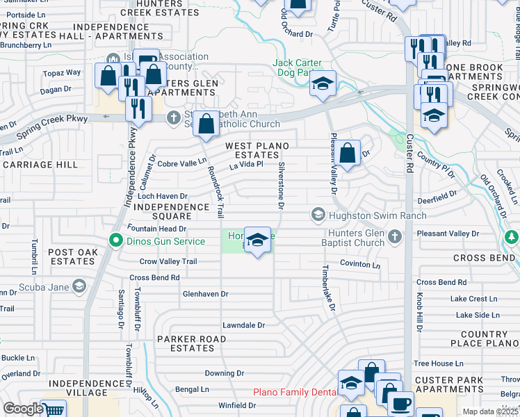 map of restaurants, bars, coffee shops, grocery stores, and more near 2501 Chamberlain Drive in Plano