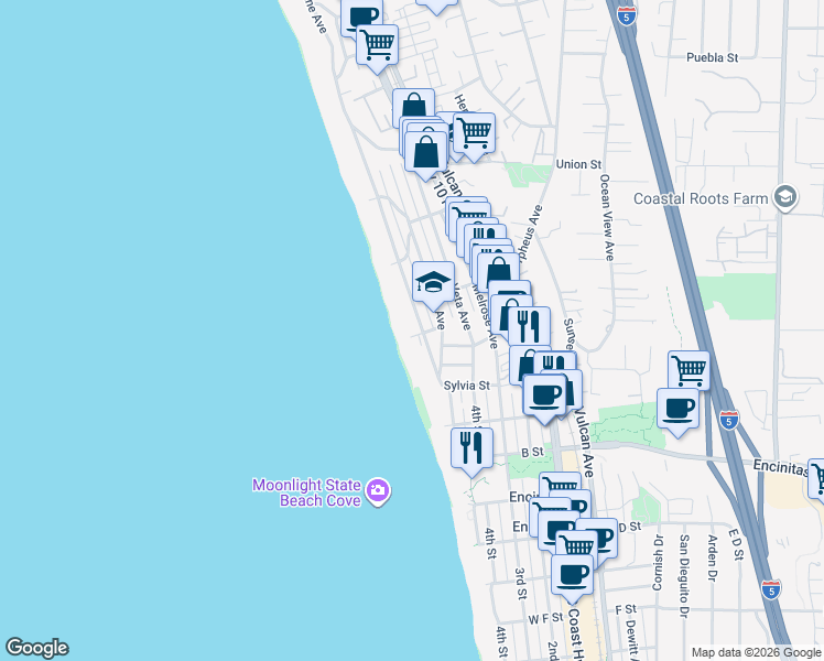 map of restaurants, bars, coffee shops, grocery stores, and more near 200 Neptune Avenue in Encinitas