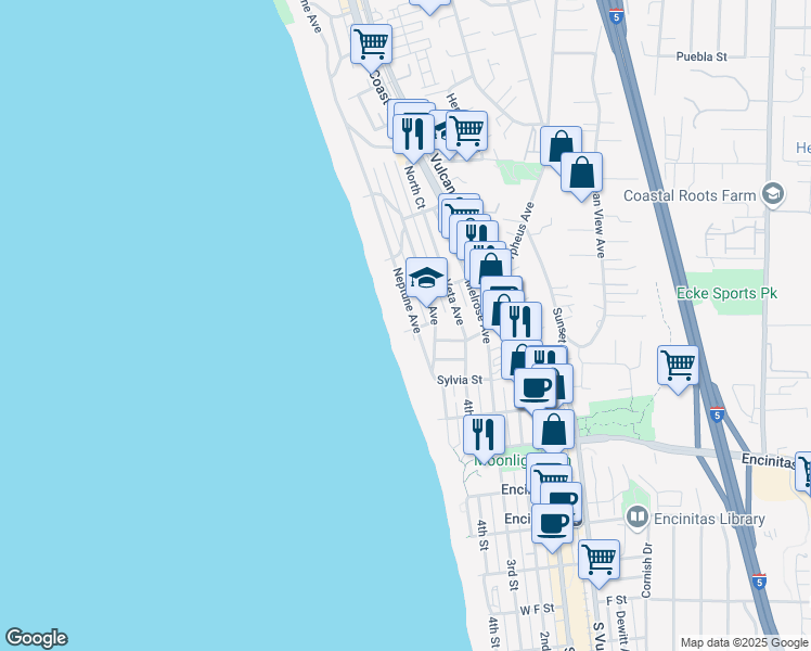map of restaurants, bars, coffee shops, grocery stores, and more near 200-2 Neptune Avenue in Encinitas