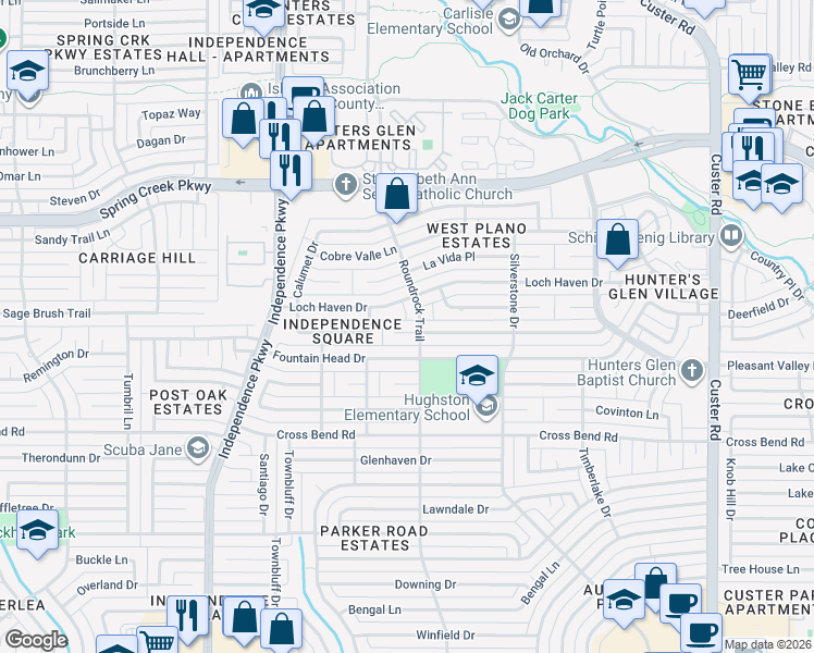 map of restaurants, bars, coffee shops, grocery stores, and more near 2705 Chamberlain Circle in Plano