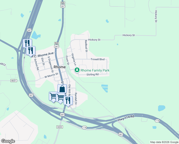 map of restaurants, bars, coffee shops, grocery stores, and more near 425 Stirling Road in Rhome