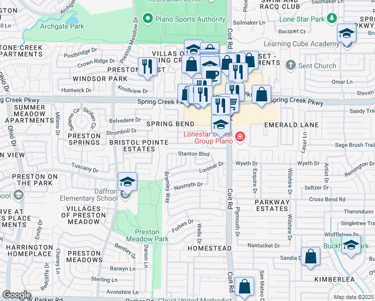 map of restaurants, bars, coffee shops, grocery stores, and more near 4217 Stanton Boulevard in Plano
