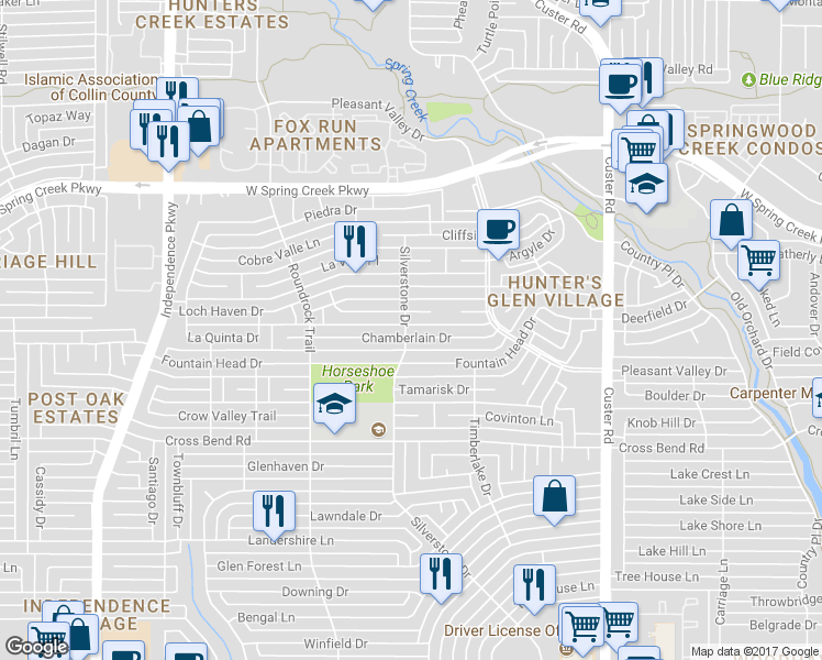 map of restaurants, bars, coffee shops, grocery stores, and more near 2321 Chamberlain Drive in Plano