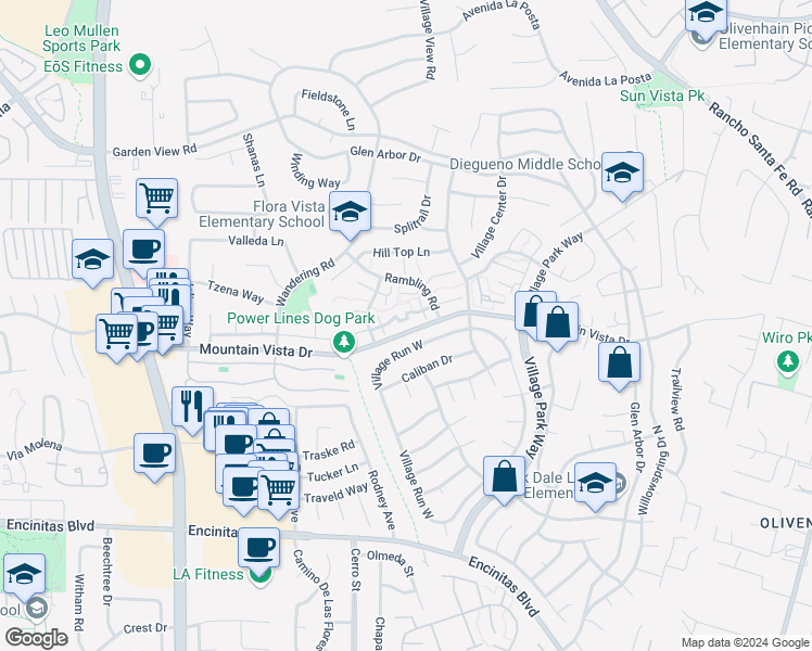 map of restaurants, bars, coffee shops, grocery stores, and more near 1749 Edgefield Lane in Encinitas