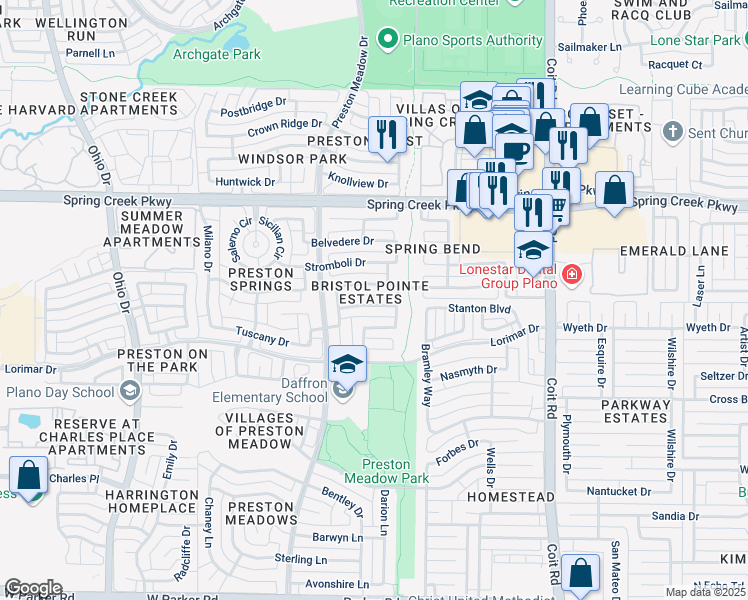 map of restaurants, bars, coffee shops, grocery stores, and more near 4332 Wonderland Drive in Plano
