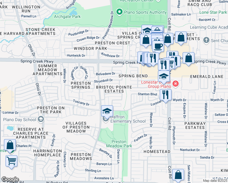 map of restaurants, bars, coffee shops, grocery stores, and more near 4332 Wonderland Drive in Plano