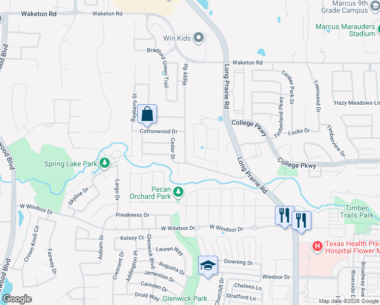 map of restaurants, bars, coffee shops, grocery stores, and more near 4901 Campbeltown Drive in Lewisville