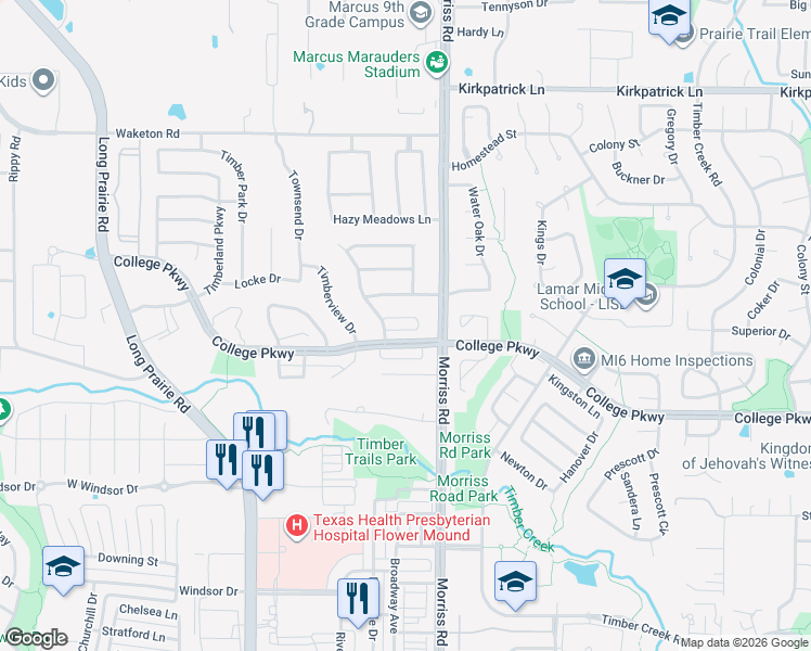 map of restaurants, bars, coffee shops, grocery stores, and more near 2213 Creekwood Court in Flower Mound