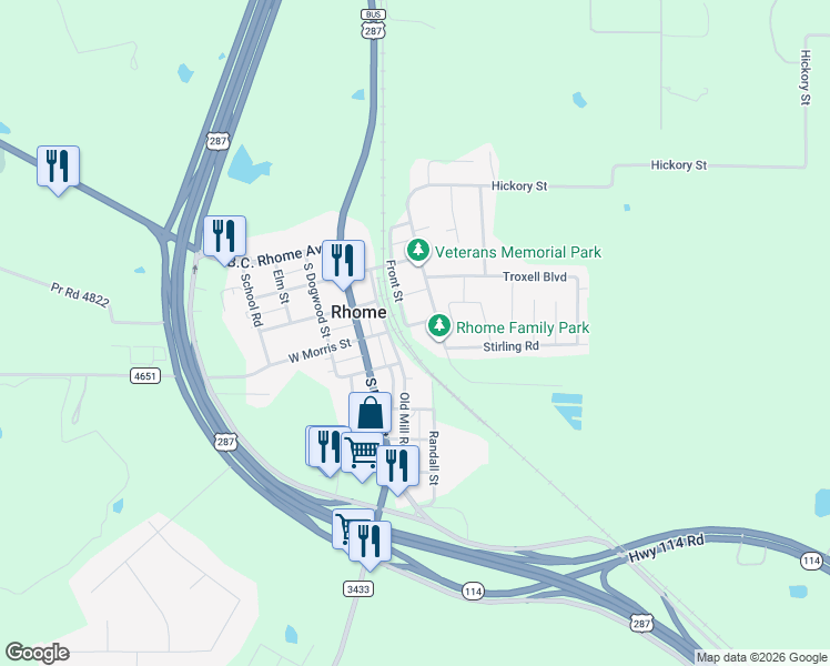 map of restaurants, bars, coffee shops, grocery stores, and more near 204 East Morris Street in Rhome