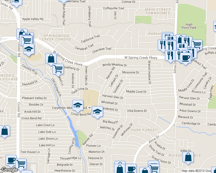 map of restaurants, bars, coffee shops, grocery stores, and more near 4011 Latham Drive in Plano