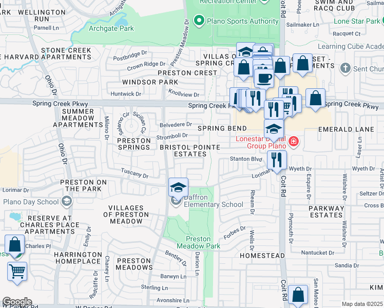 map of restaurants, bars, coffee shops, grocery stores, and more near 4332 Wonderland Drive in Plano