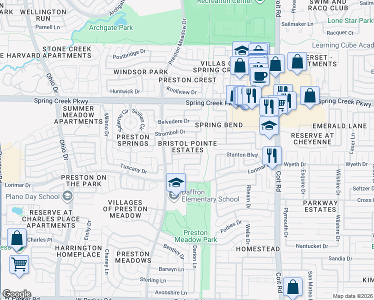 map of restaurants, bars, coffee shops, grocery stores, and more near 4332 Wonderland Drive in Plano