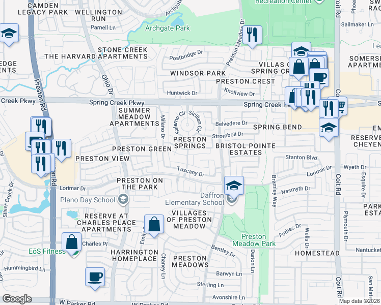 map of restaurants, bars, coffee shops, grocery stores, and more near 4020 Messina Drive in Plano