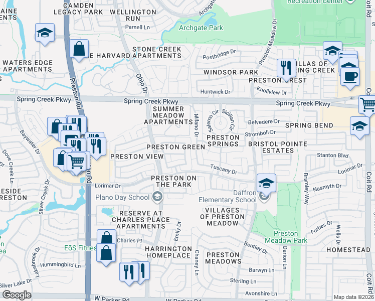 map of restaurants, bars, coffee shops, grocery stores, and more near 4016 Daden Oaks Drive in Plano