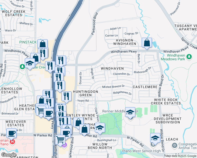 map of restaurants, bars, coffee shops, grocery stores, and more near 4040 Woodwind Drive in Plano