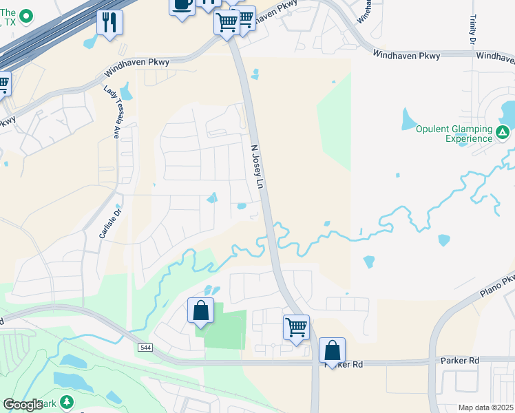 map of restaurants, bars, coffee shops, grocery stores, and more near 1424 Lake Falls Terrace in Carrollton