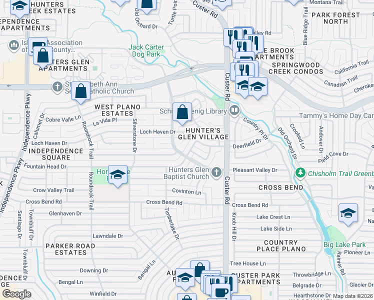 map of restaurants, bars, coffee shops, grocery stores, and more near 2140 Tomahawk Drive in Plano