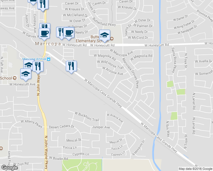 map of restaurants, bars, coffee shops, grocery stores, and more near 43838 West Cowpath Road in Maricopa