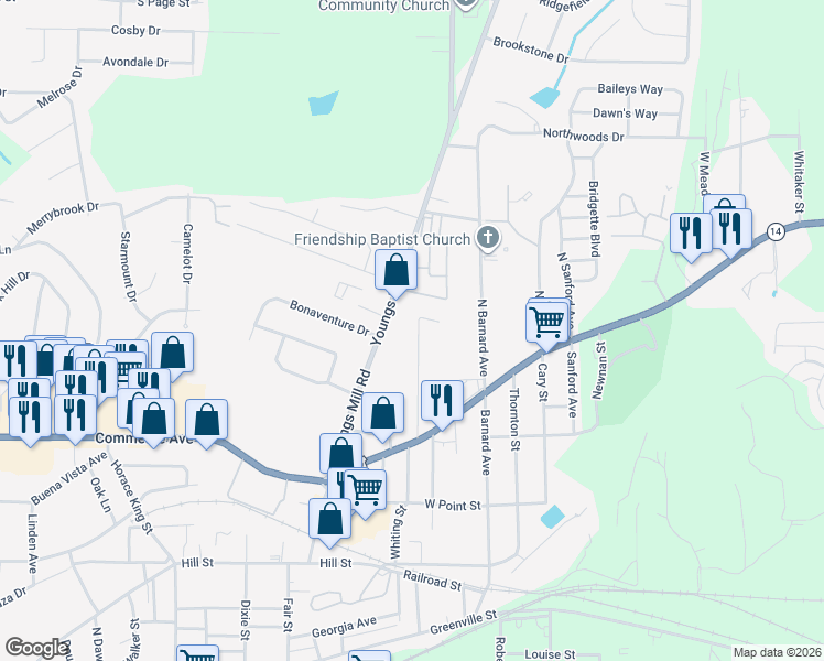 map of restaurants, bars, coffee shops, grocery stores, and more near 307 Cleveland Drive in LaGrange