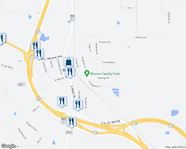map of restaurants, bars, coffee shops, grocery stores, and more near 401 Stirling Road in Rhome