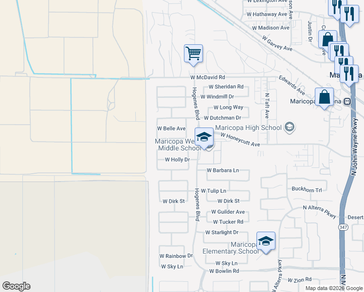 map of restaurants, bars, coffee shops, grocery stores, and more near 45996 Kristina Way in Maricopa