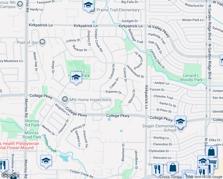 map of restaurants, bars, coffee shops, grocery stores, and more near 1336 Superior Drive in Flower Mound