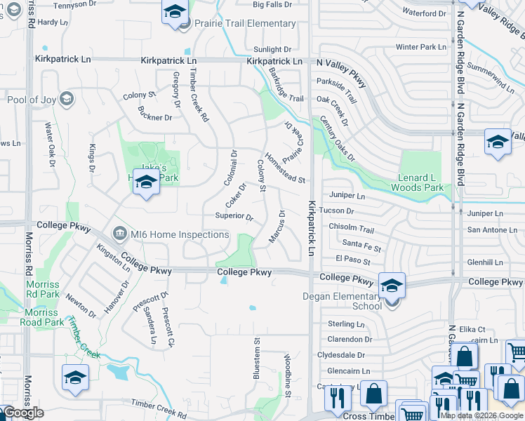 map of restaurants, bars, coffee shops, grocery stores, and more near 1037 Colony Street in Flower Mound