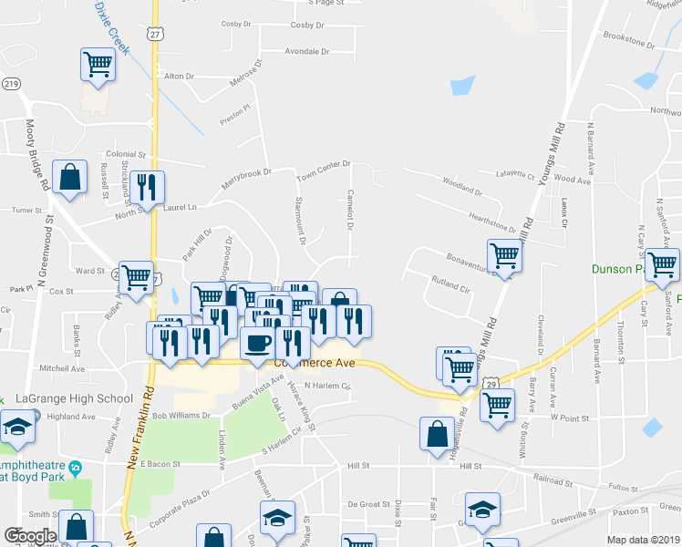 map of restaurants, bars, coffee shops, grocery stores, and more near 469 Camelot Court in LaGrange