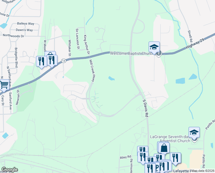 map of restaurants, bars, coffee shops, grocery stores, and more near 1500 Hogansville Road in LaGrange