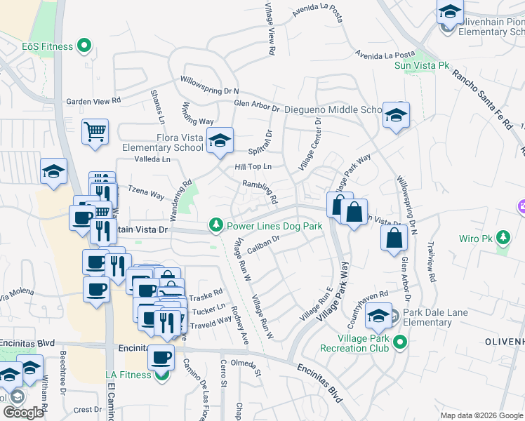 map of restaurants, bars, coffee shops, grocery stores, and more near 1749 Edgefield Lane in Encinitas