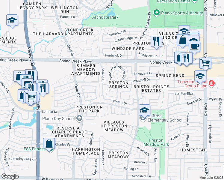 map of restaurants, bars, coffee shops, grocery stores, and more near 4001 Martina Court in Plano