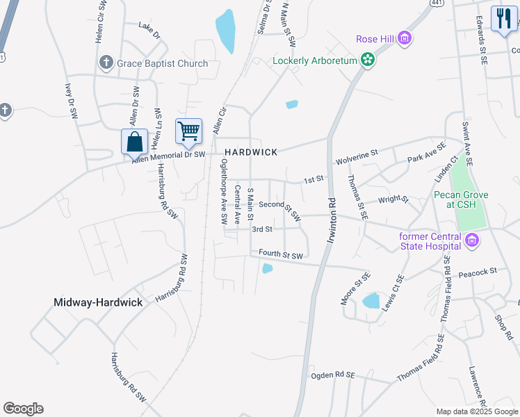 map of restaurants, bars, coffee shops, grocery stores, and more near 121 3rd Street Southwest in Milledgeville