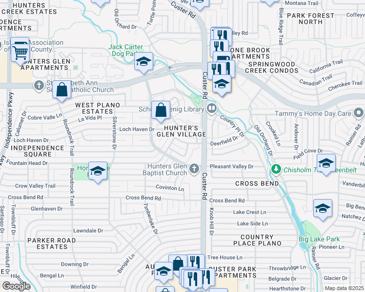 map of restaurants, bars, coffee shops, grocery stores, and more near 2121 Tomahawk Drive in Plano