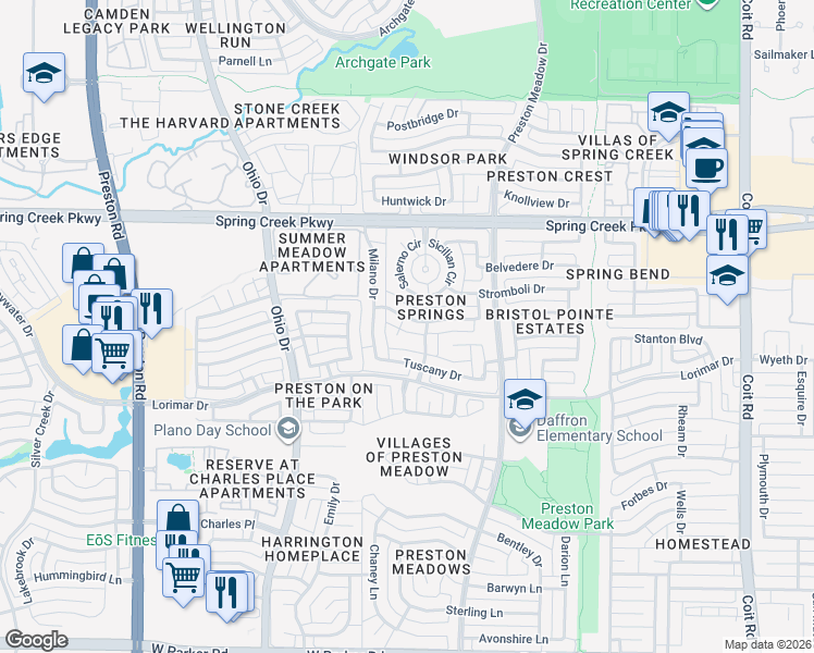map of restaurants, bars, coffee shops, grocery stores, and more near 4001 Martina Court in Plano