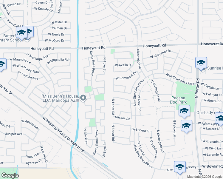 map of restaurants, bars, coffee shops, grocery stores, and more near 19054 North Lariat Road in Maricopa